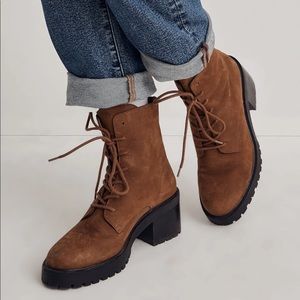 Lace-Up Lugsole Heeled Boots in Leather